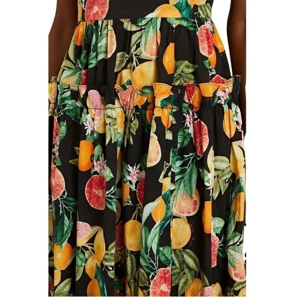 CARA CARA Fruit Print Square Neck Sleeveless Open Back Ruffle Tier Midi Dress L - Picture 11 of 15